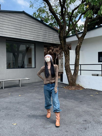 American Style Leopard Print Backless Long Sleeve T-Shirt