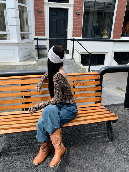 American Style Leopard Print Backless Long Sleeve T-Shirt