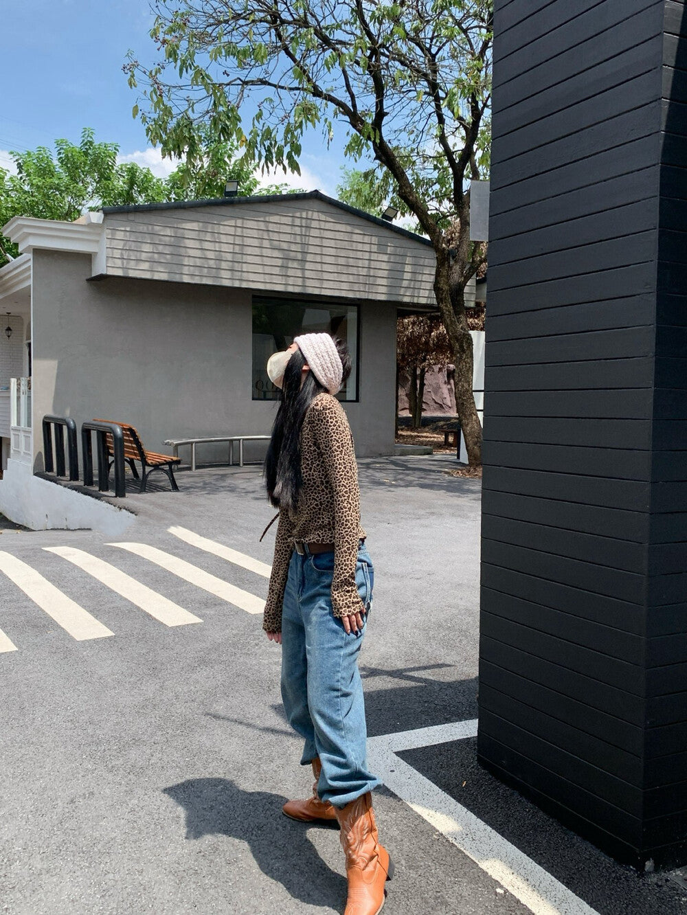 American Style Leopard Print Backless Long Sleeve T-Shirt