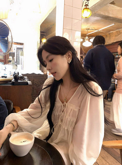 V-neck Loose Ruched Tie Lightweight Blouse