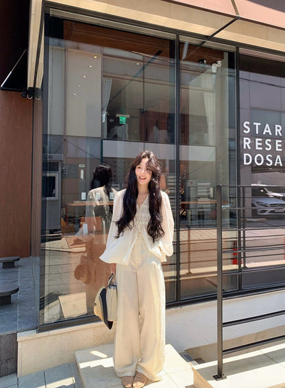 V-neck Loose Ruched Tie Lightweight Blouse