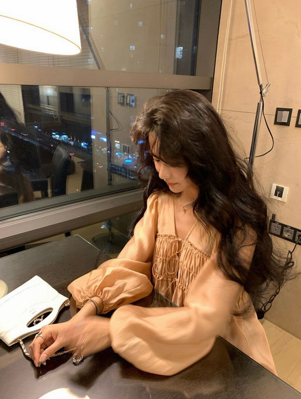 V-neck Loose Ruched Tie Lightweight Blouse