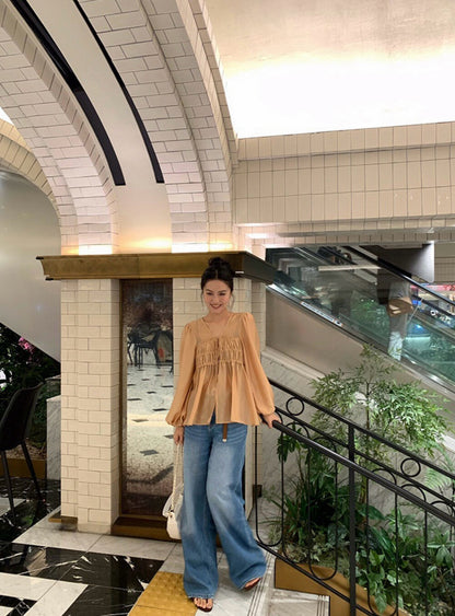 V-neck Loose Ruched Tie Lightweight Blouse