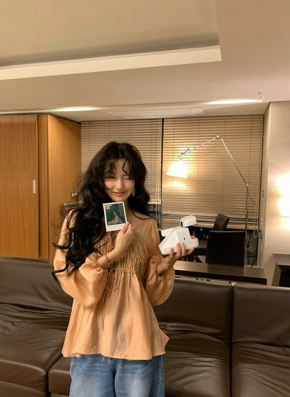 V-neck Loose Ruched Tie Lightweight Blouse