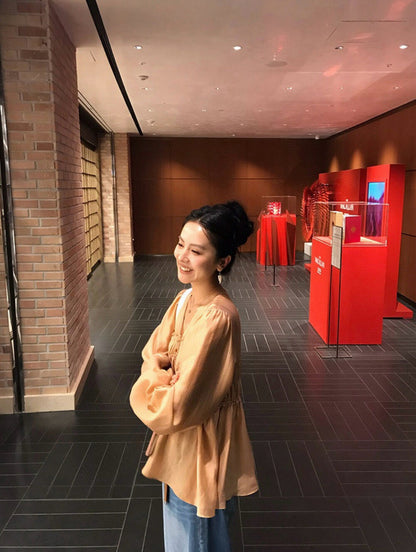 V-neck Loose Ruched Tie Lightweight Blouse