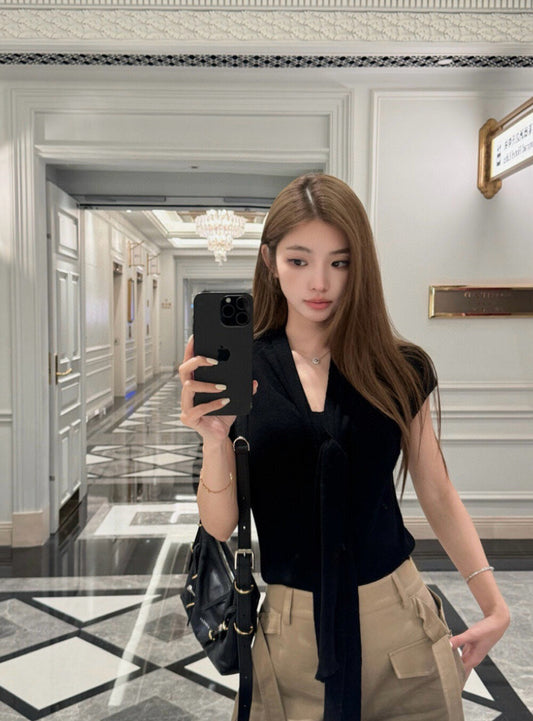 French-Style Ribbon Slim-Fit Knit Top