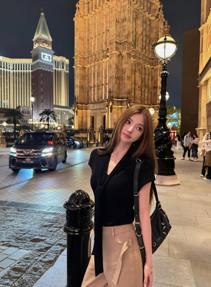 French-Style Ribbon Slim-Fit Knit Top