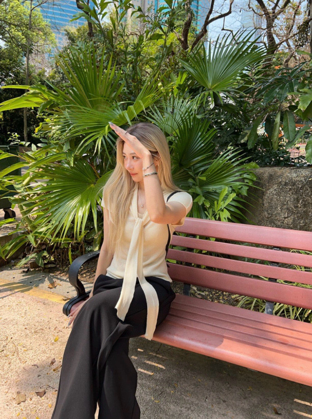 French-Style Ribbon Slim-Fit Knit Top