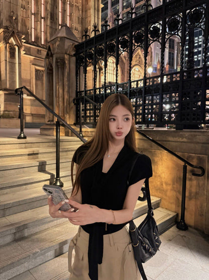 French-Style Ribbon Slim-Fit Knit Top