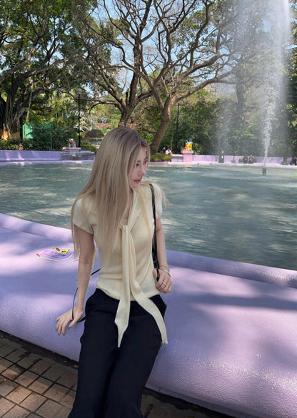 French-Style Ribbon Slim-Fit Knit Top