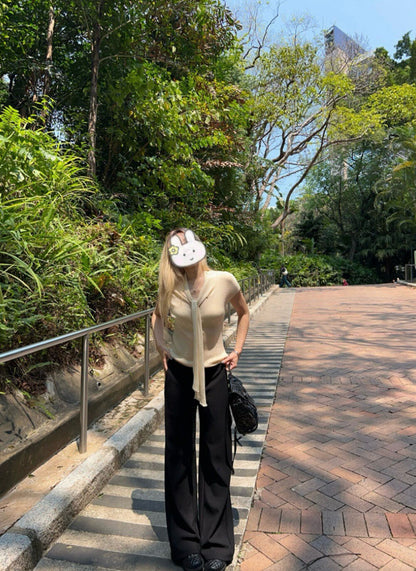 French-Style Ribbon Slim-Fit Knit Top