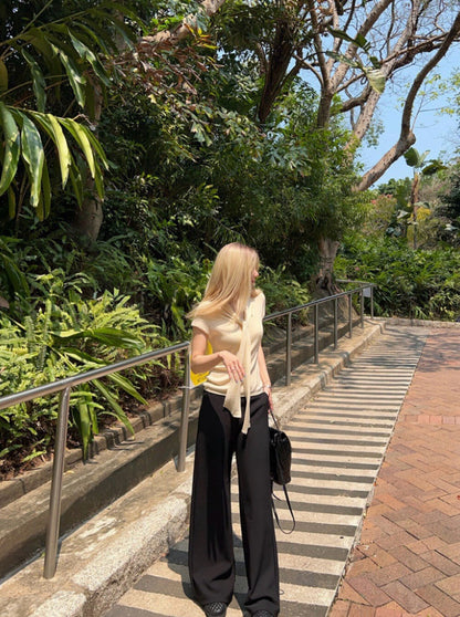 French-Style Ribbon Slim-Fit Knit Top