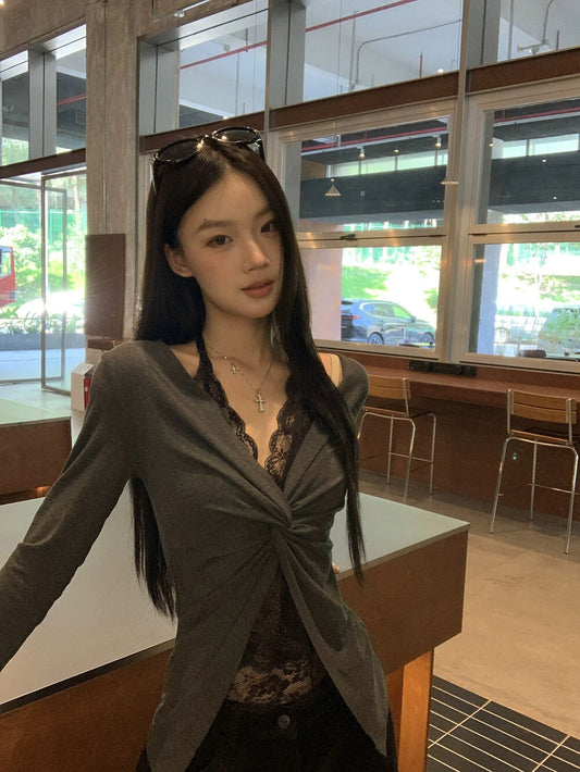 假兩件蕾絲長袖T恤