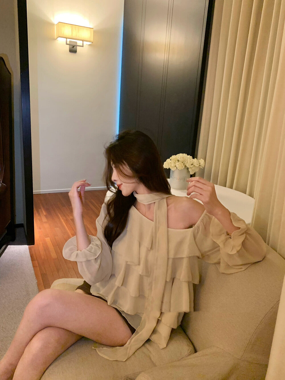 Off-shoulder Chiffon Tiered Blouse