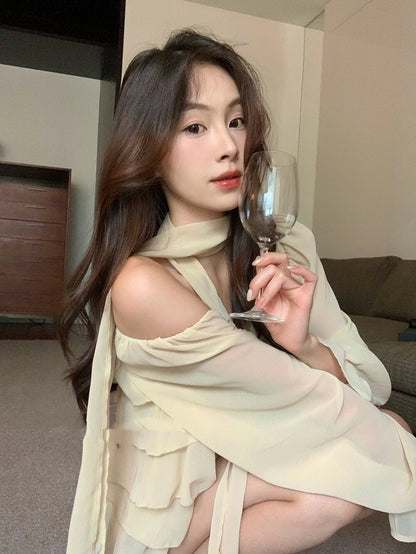 Off-shoulder Chiffon Tiered Blouse