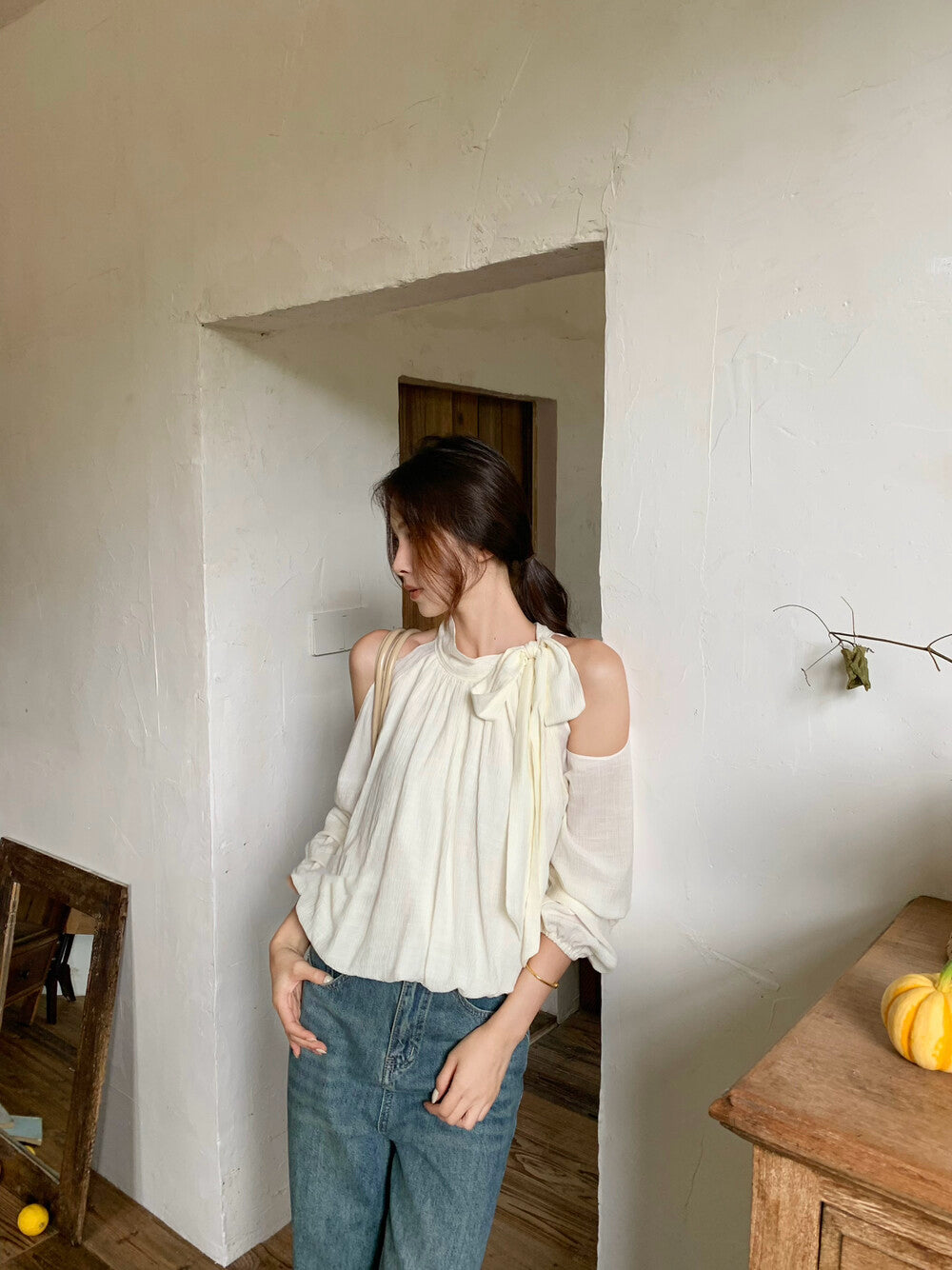 Elegant Off-Shoulder Blouse with Bow Detail