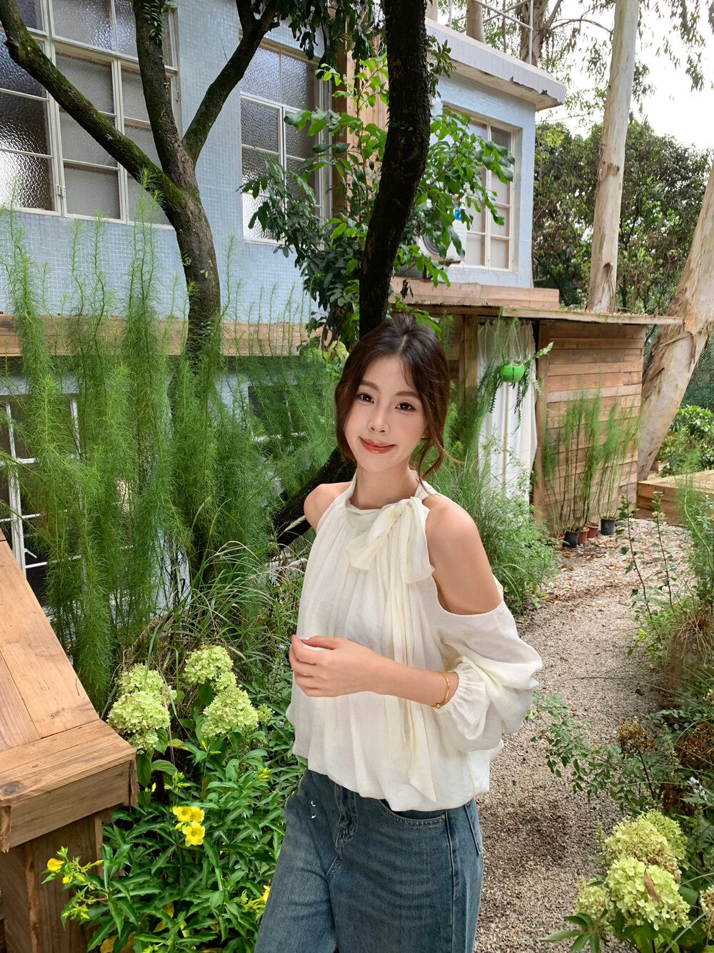 Elegant Off-Shoulder Blouse with Bow Detail