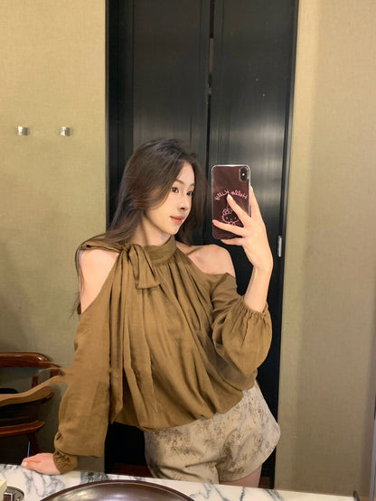 Elegant Off-Shoulder Blouse with Bow Detail