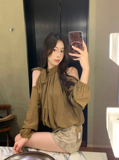 Elegant Off-Shoulder Blouse with Bow Detail