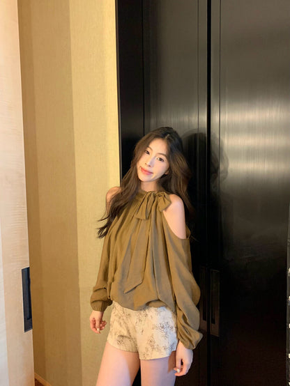 Elegant Off-Shoulder Blouse with Bow Detail