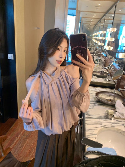 Elegant Off-Shoulder Blouse with Bow Detail