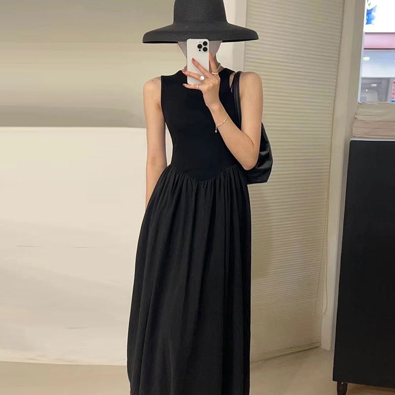 Round Neck Slim Fit Patchwork Pleated Tank Dress