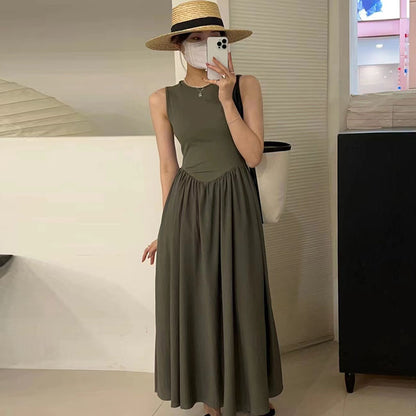Round Neck Slim Fit Patchwork Pleated Tank Dress