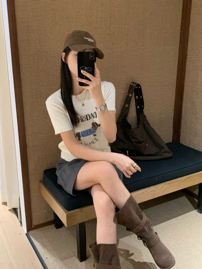 Crew Neck Slim Fit Knitted Short Sleeve Top