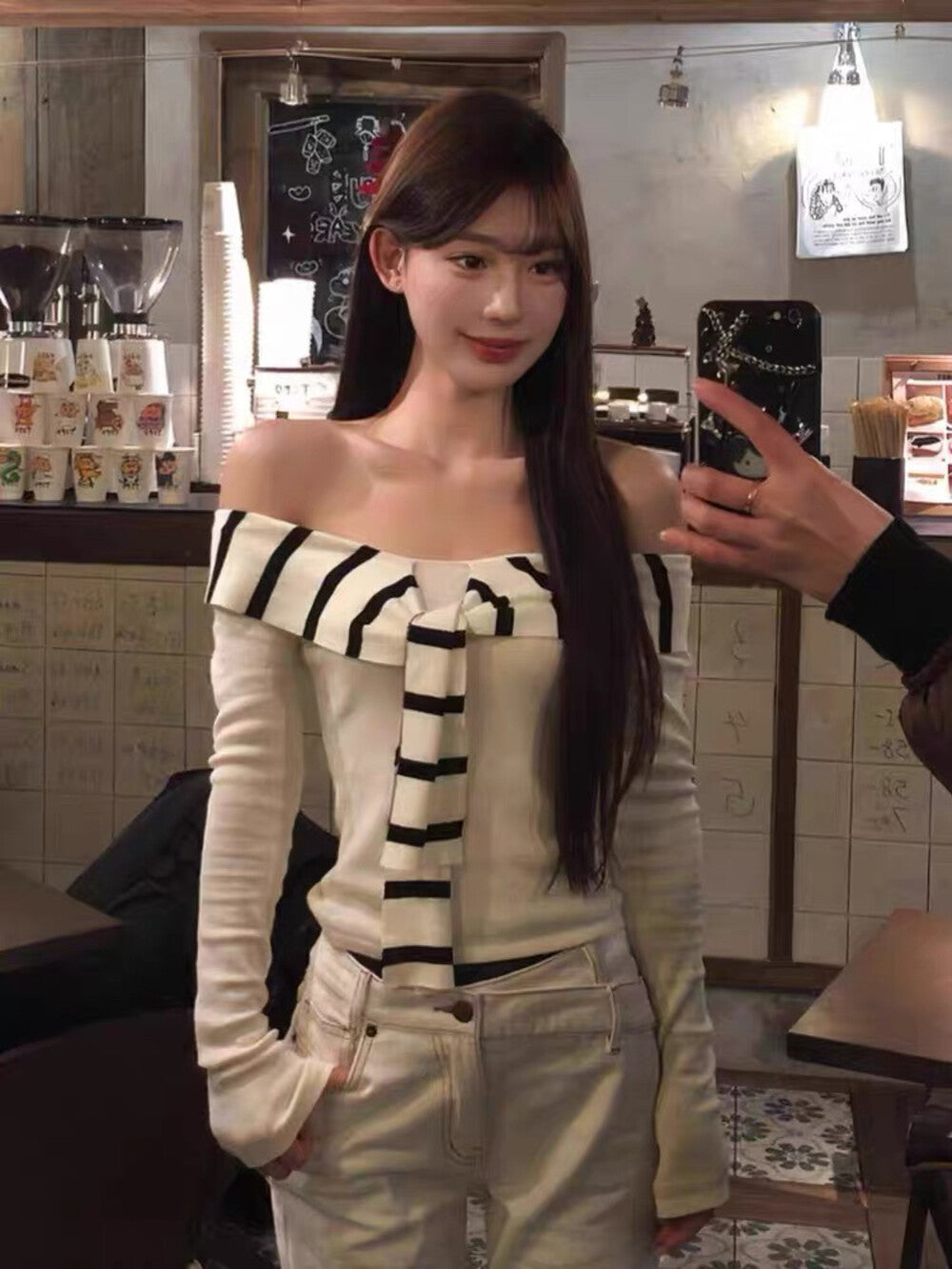 Black and White Striped Off-Shoulder Top