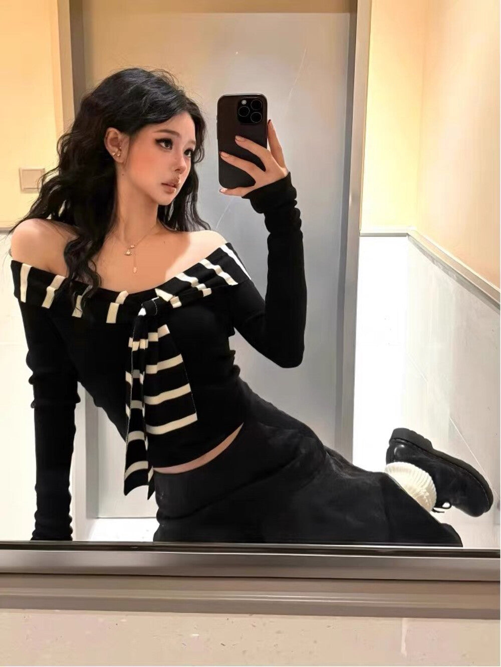 Black and White Striped Off-Shoulder Top