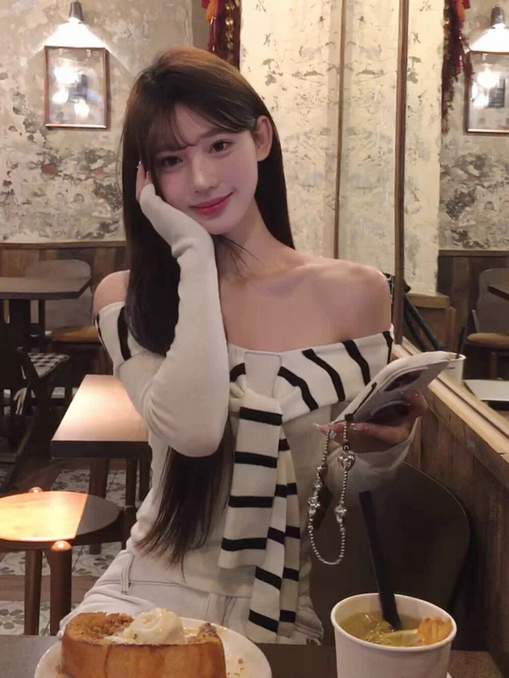 Black and White Striped Off-Shoulder Top