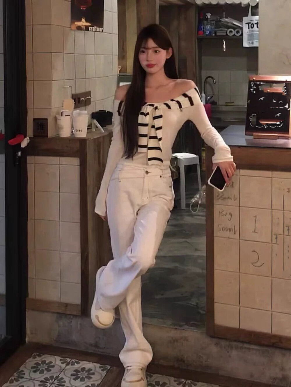 Black and White Striped Off-Shoulder Top