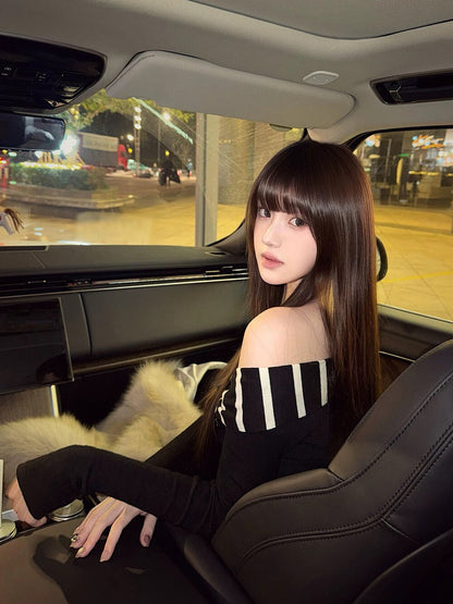 Black and White Striped Off-Shoulder Top