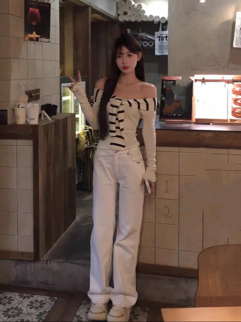 Black and White Striped Off-Shoulder Top