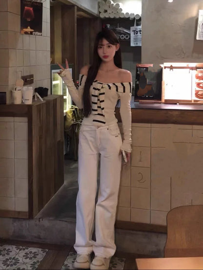 Black and White Striped Off-Shoulder Top