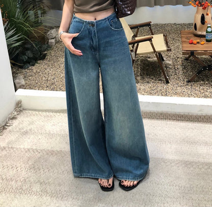 復古水洗寬鬆顯瘦闊腿牛仔褲