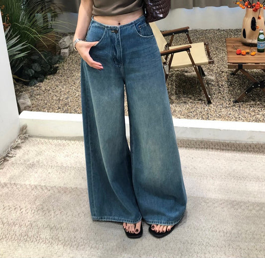 復古水洗寬鬆顯瘦闊腿牛仔褲