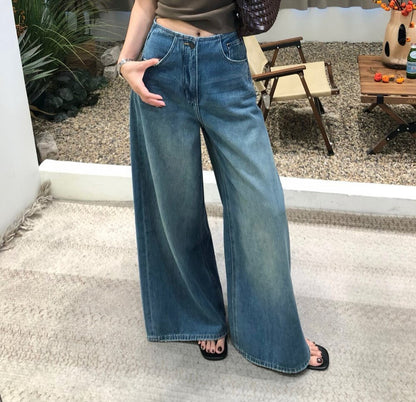 復古水洗寬鬆顯瘦闊腿牛仔褲