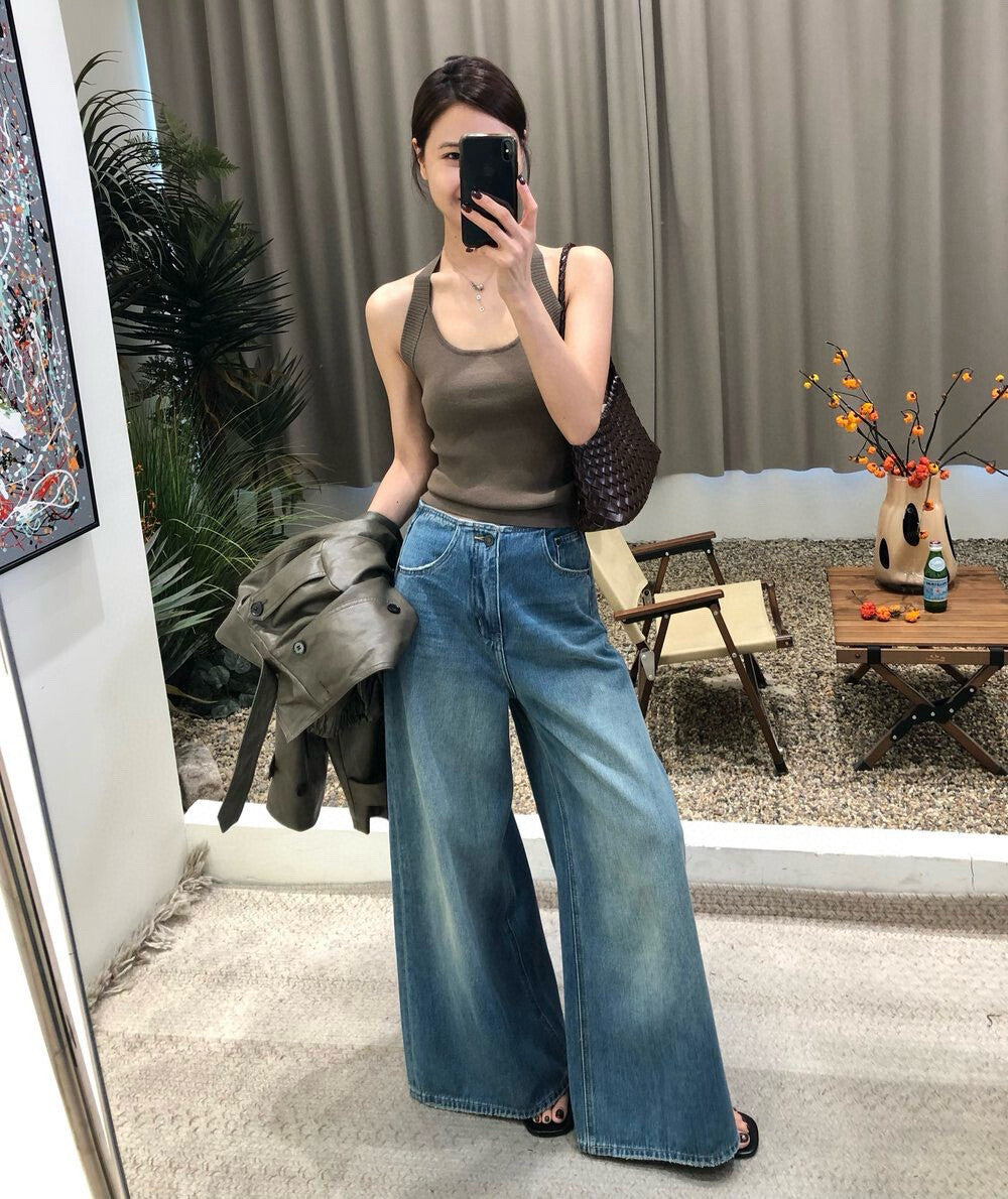 復古水洗寬鬆顯瘦闊腿牛仔褲