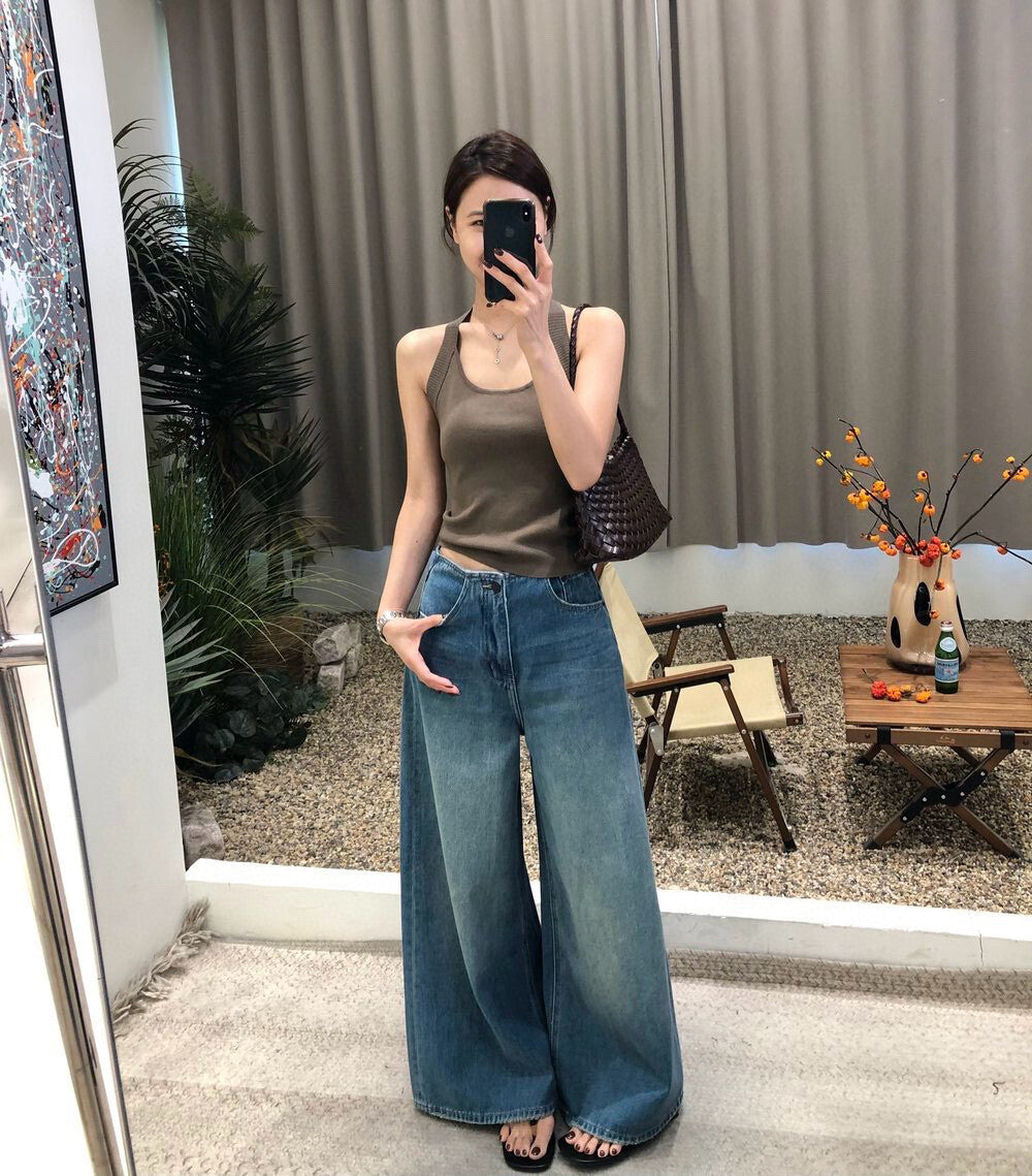 復古水洗寬鬆顯瘦闊腿牛仔褲