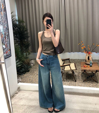 復古水洗寬鬆顯瘦闊腿牛仔褲