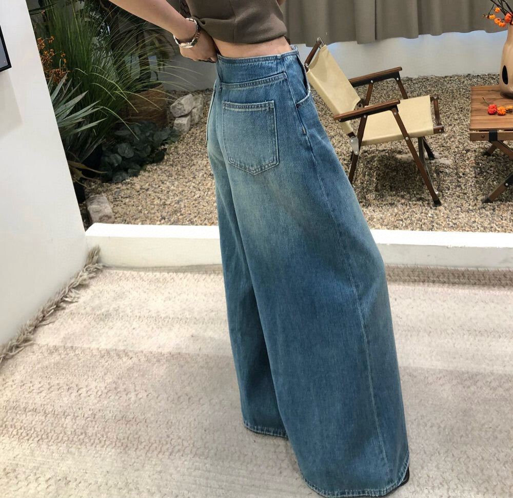 復古水洗寬鬆顯瘦闊腿牛仔褲