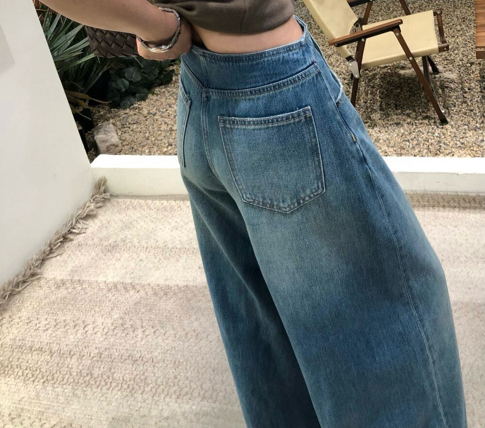 復古水洗寬鬆顯瘦闊腿牛仔褲