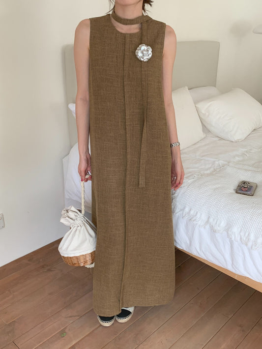 復古圓領開衩背心連身裙