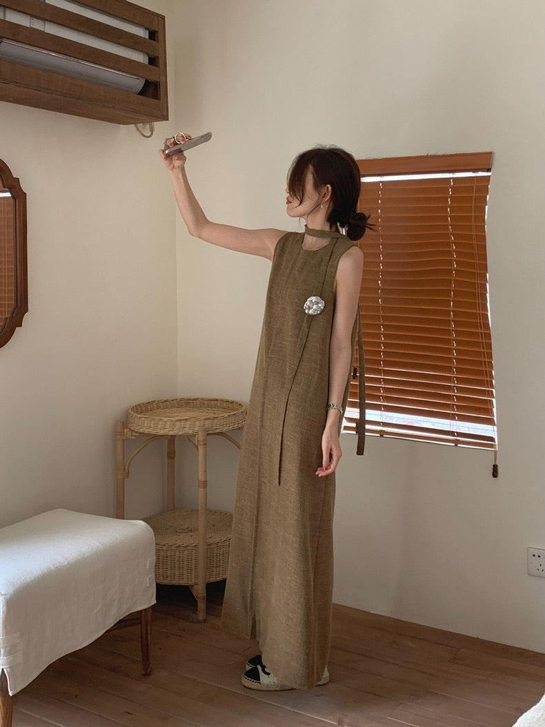 Vintage Round Neck Split Hem Tank Dress