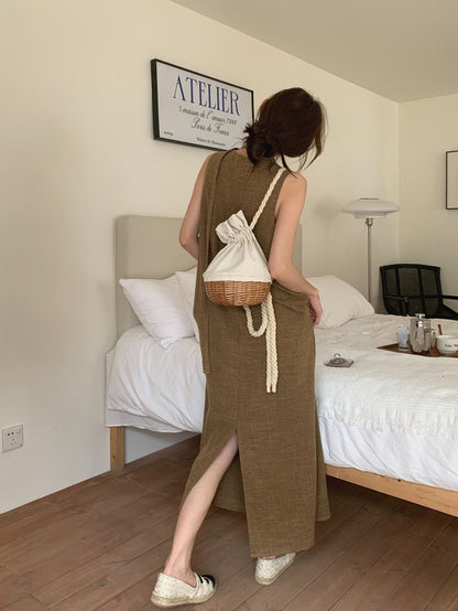 Vintage Round Neck Split Hem Tank Dress