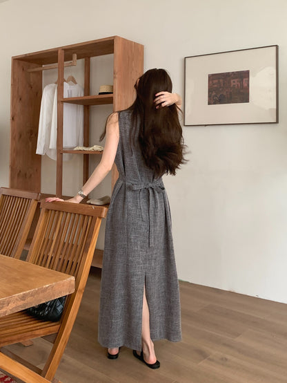 Vintage Round Neck Split Hem Tank Dress