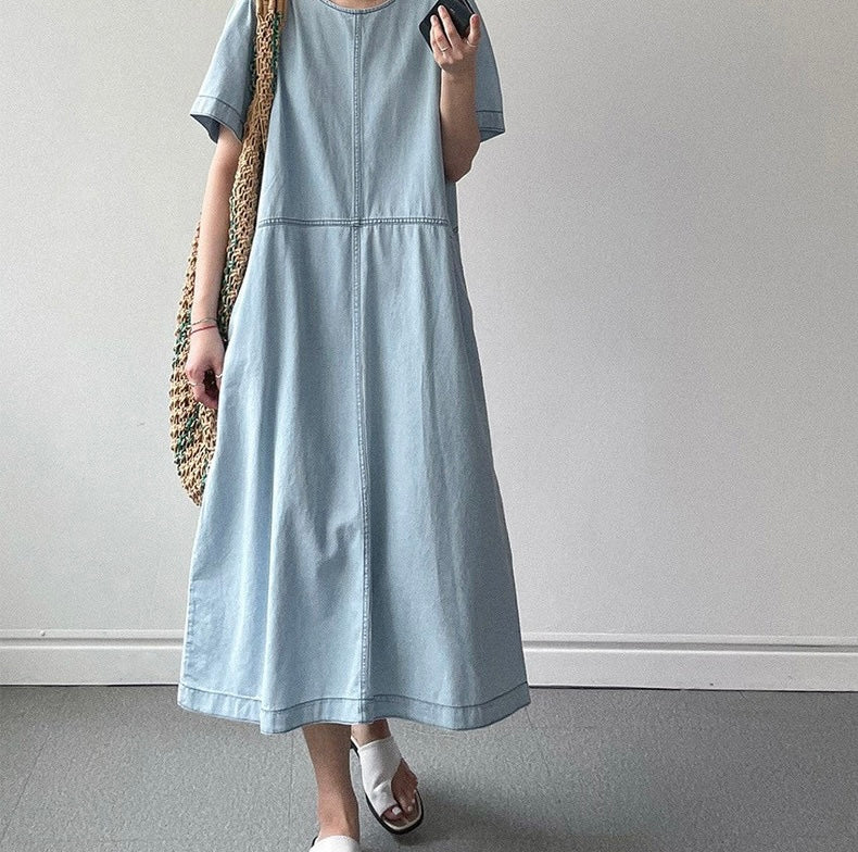 Round Neck Relaxed Fit Denim Dress
