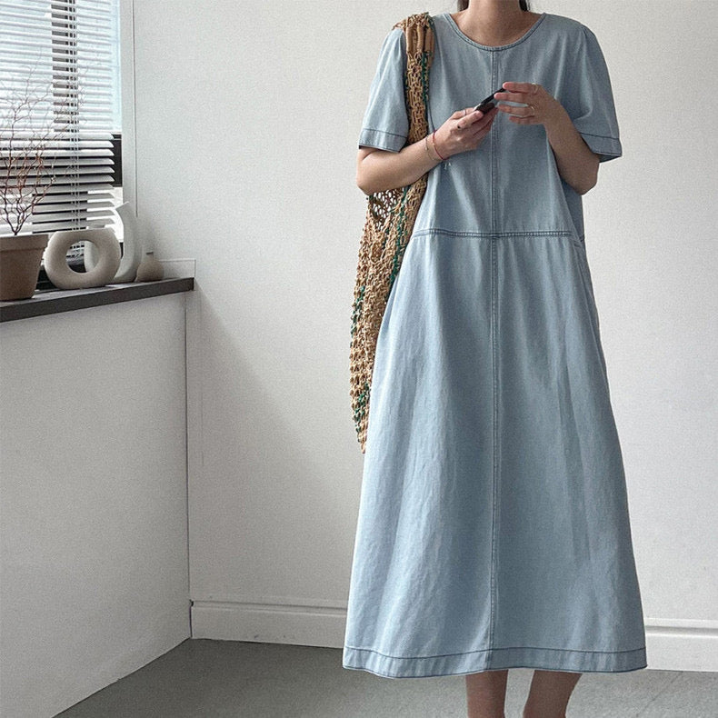 Round Neck Relaxed Fit Denim Dress