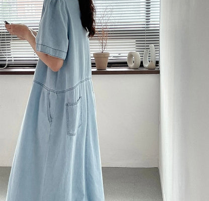Round Neck Relaxed Fit Denim Dress